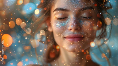 A joyous young woman with eyes closed and a smile, surrounded by bokeh lights and glitter, evoking a festive atmosphere