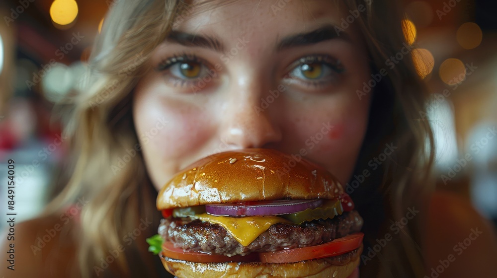 A young woman looks directly at the camera holding a juicy burger close to her face, inviting a bite A young woman looks directly at the camera holding a juicy burger close to her face, inviting a bite