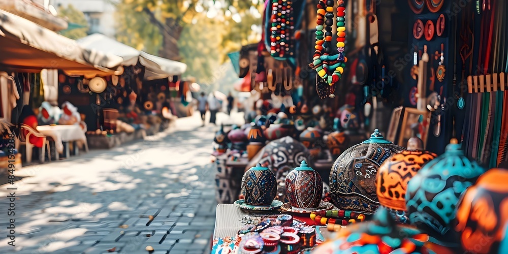 Fototapeta premium Urban Bazaars Celebrating Local Artisans and Traditions in City Craft Markets. Concept Cultural Exchange, Handmade Crafts, Local Artisans, Urban Markets, Community Traditions