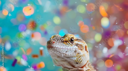 A small lizard is sitting on a table. The lizard is looking at the camera. The background is a blur of colorful confetti.