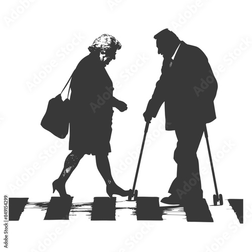 Silhouette of Elderly Couple Crossing Abstract Zebra Stripes with Cane and Handbag.