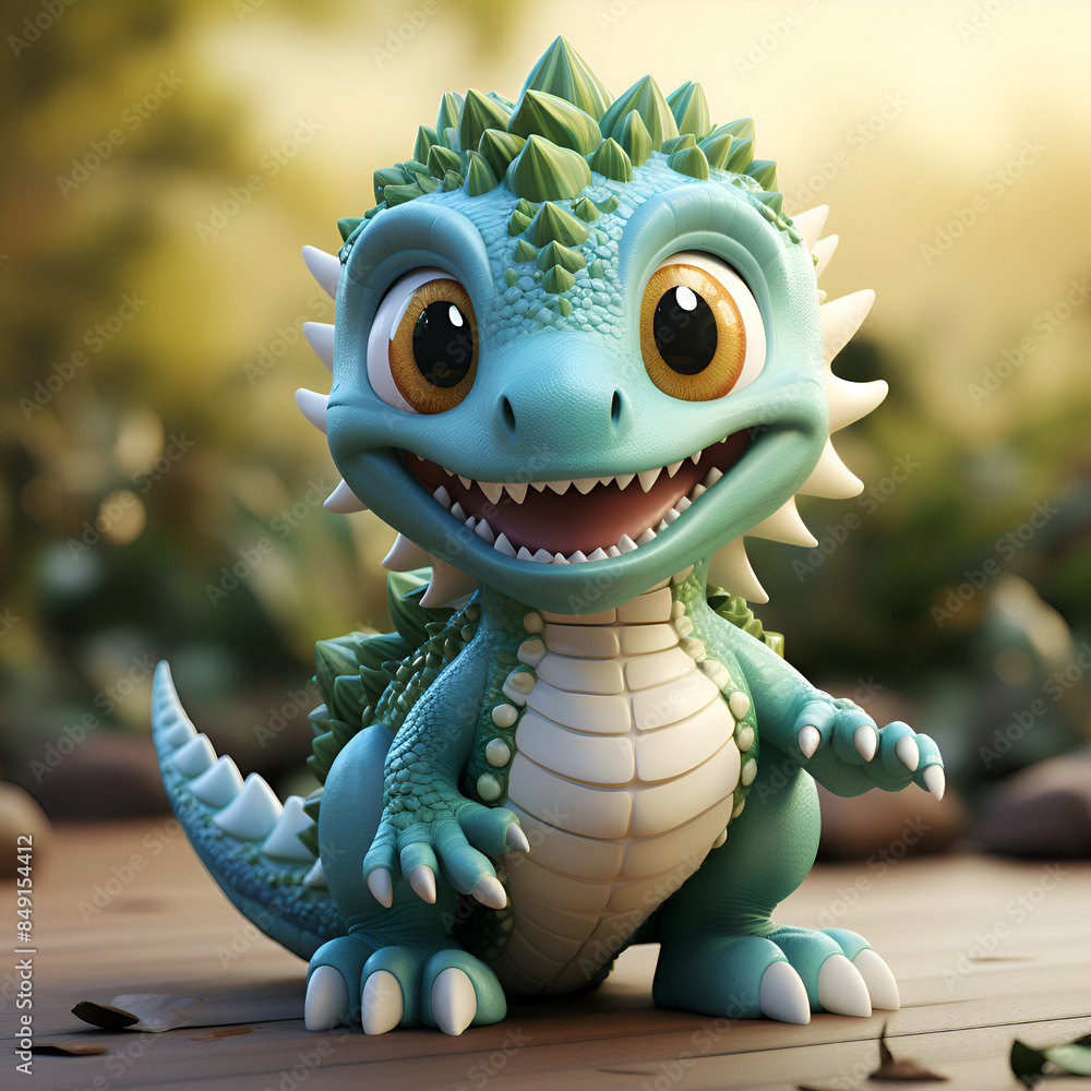 3d render of a cute little green dinosaur in the garden.
