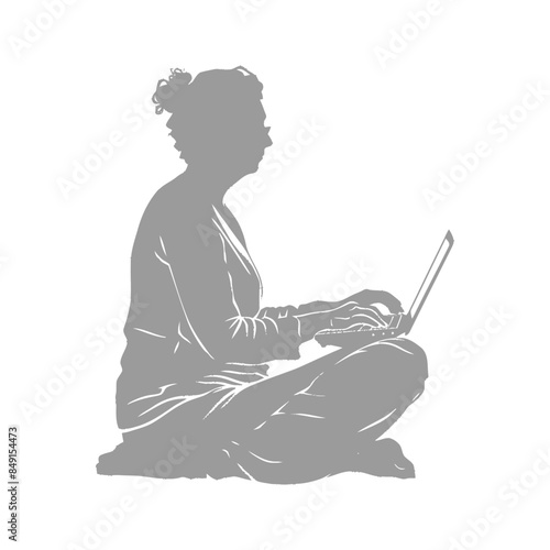 Silhouetted Woman Sitting Cross-Legged, Typing on Laptop, Minimalist, Gray Tone.