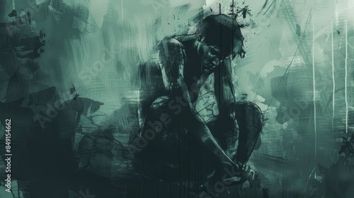 An artistic depiction of a depressed crouched man, made in dark and green tones. An abstract background adds drama and emphasizes the character's emotional state