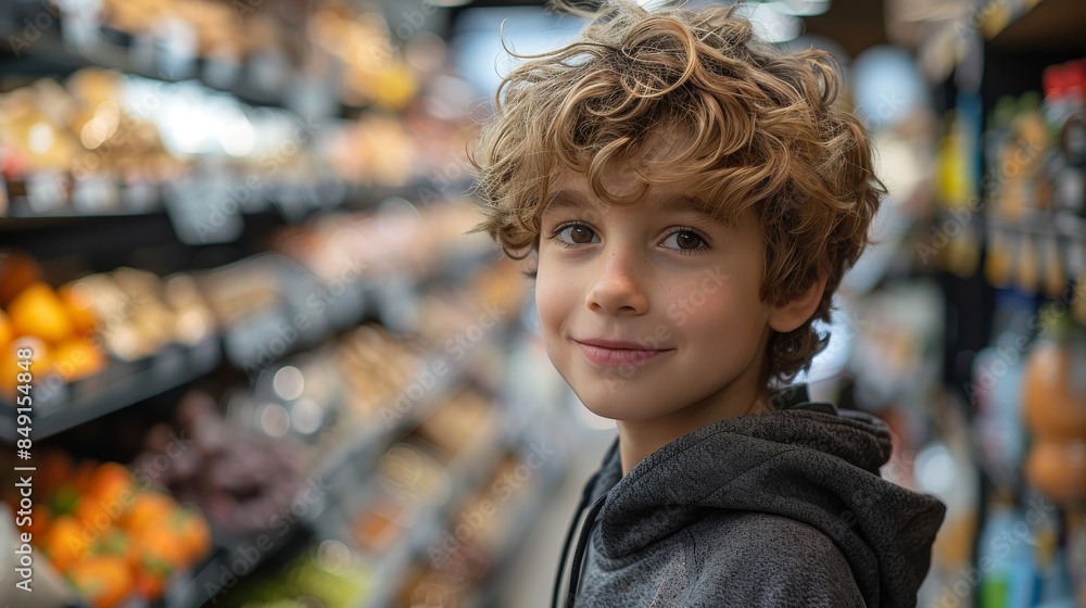 Curly-haired young boy looking at the camera with a soft smile in a grocery store Curly-haired young boy looking at the camera with a soft smile in a grocery store
