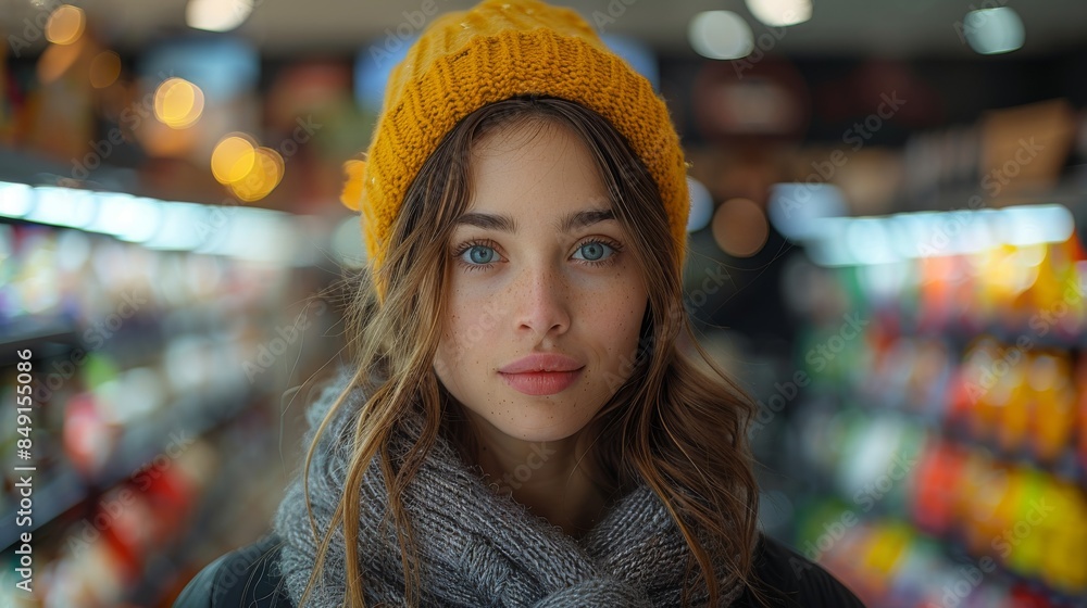 A young woman with blue eyes wearing a yellow beanie and a gray scarf stands in a grocery store A young woman with blue eyes wearing a yellow beanie and a gray scarf stands in a grocery store