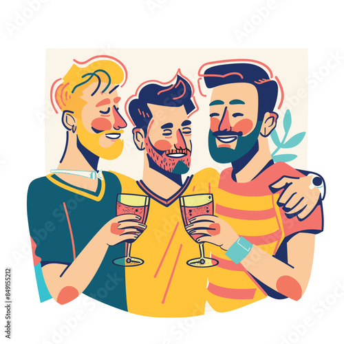 Three friends celebrating, cheers drinks, happy gathering. Men smiling, toasting glasses, joyful moment. Casual clothing, friendship, cheerful party enjoyment together