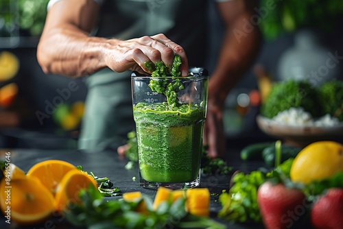 A vibrant green smoothie against a muted gray background.