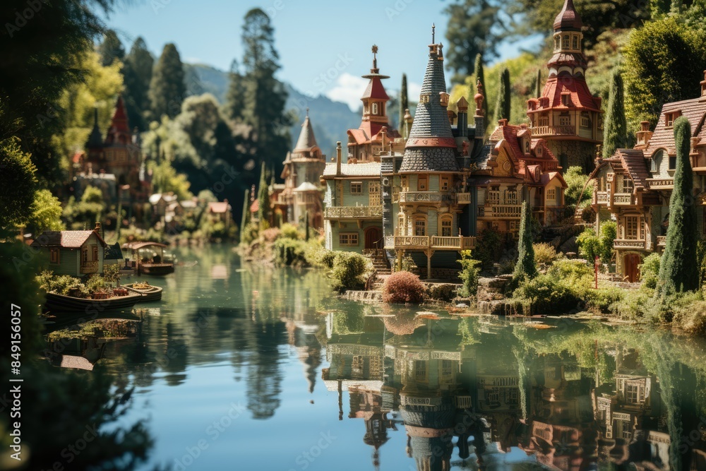 Fototapeta premium Perfect replicas of famous monuments in mini world, lawn., generative IA