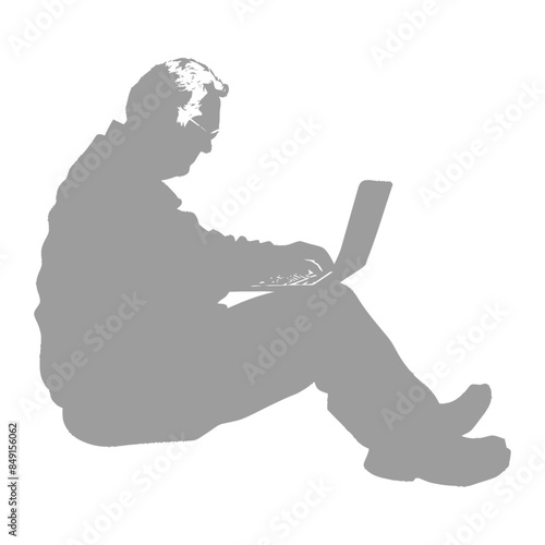 Isolated Gray Silhouette: Man Sitting, Laptop, Focus, Indoor.