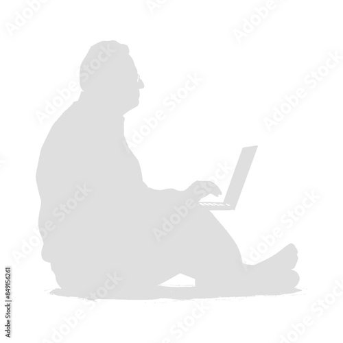 White Silhouette: Overweight Man Sitting, Laptop, Barefoot, Side View, Isolated.