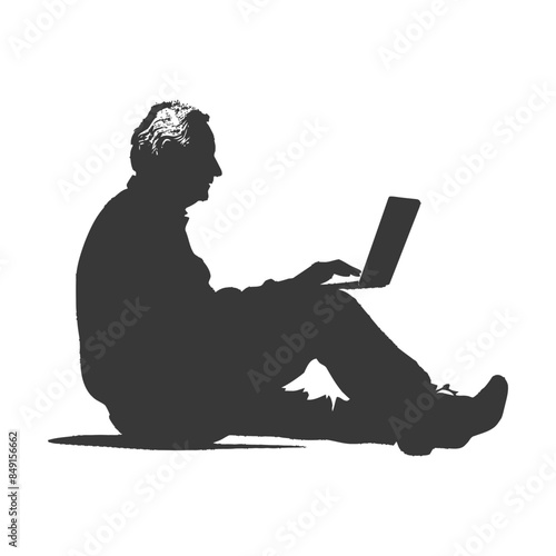 Silhouetted Senior: Seated Man Typing on Laptop, Isolated.