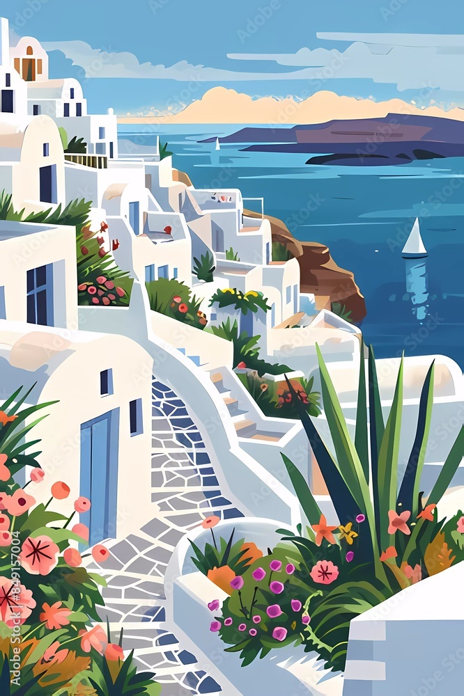 Fototapeta premium Santorini coast,seashore,Summer landscape,white houses. Travel in Europe. Poster,postcard,print,template