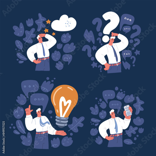 Cartoon vector illustration of question mark and bulb. Thoughtful man holding phone with question mark, looking up to the sky, holding lightbulb as idea concept, showing telephone over dark background