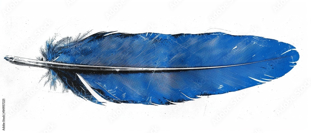 Single blue feather gently placed on a white background, illuminated to show its delicate features Single blue feather gently placed on a white background, illuminated to show its delicate features
