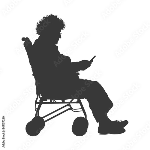Silhouette: Elderly Woman in Wheelchair Texting on Smartphone, Isolated on White.
