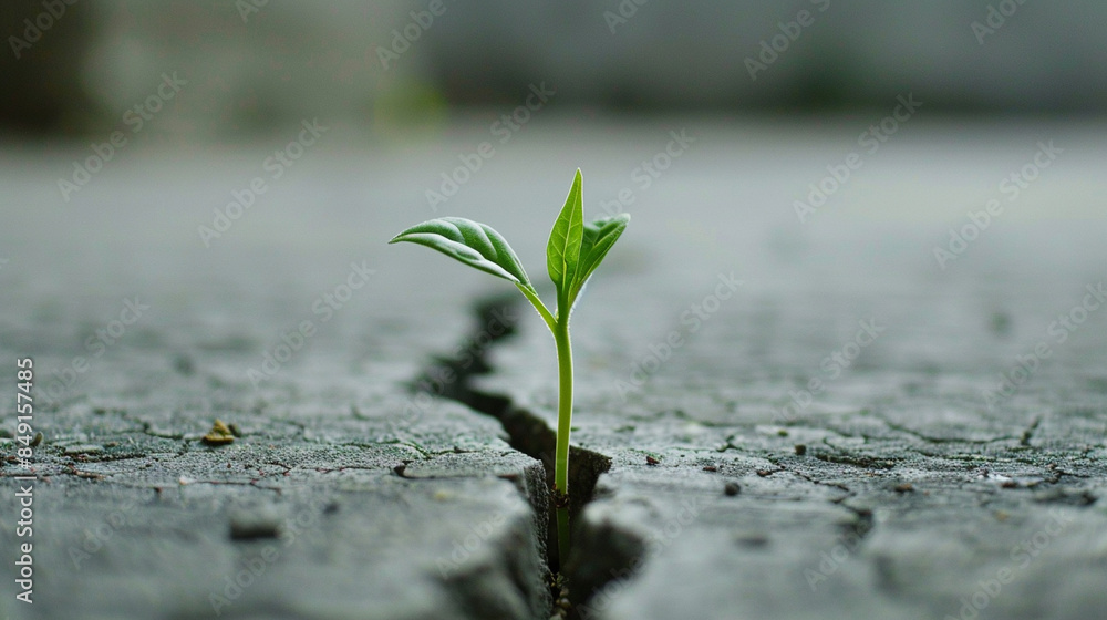 Close-up of a plant sprouting from a crack in the concrete Close-up of a plant sprouting from a crack in the concrete