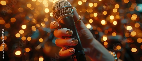 A hand gripping a microphone, with golden bokeh lights creating a festive and concertlike ambiance 8K , high-resolution, ultra HD,up32K HD photo