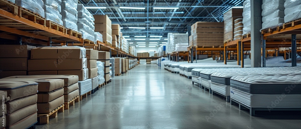 A mattress storage area in a warehouse, showing rows of neatly arranged mattresses and packaging boxes 8K , high-resolution, ultra HD,up32K HD A mattress storage area in a warehouse, showing rows of neatly arranged mattresses and packaging boxes 8K , high-resolution, ultra HD,up32K HD
