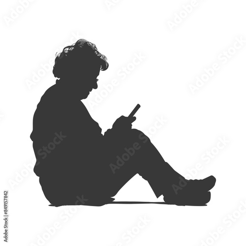 Isolated Silhouette: Woman Seated, Focused on Mobile Phone, White Background.