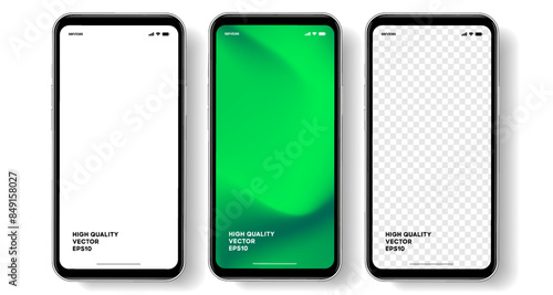 Realistic smartphone mockup. Mobile phone vector with isolated on white background. Device front view. 3D mobile phone with shadow. Realistic, high quality smart phone mockup for ui ux presentation.