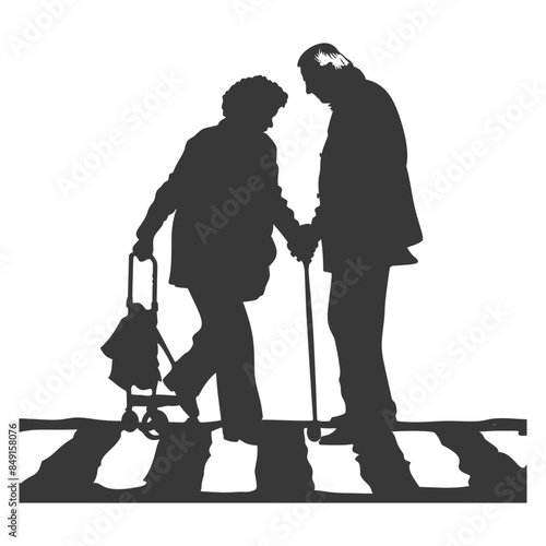 Silhouetted elderly couple crossing the street with walker and cane.