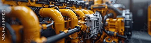 Closeup of a heavyduty engine, showcasing the yellow and metallic elements and the intricate machinery design 8K , high-resolution, ultra HD,up32K HD