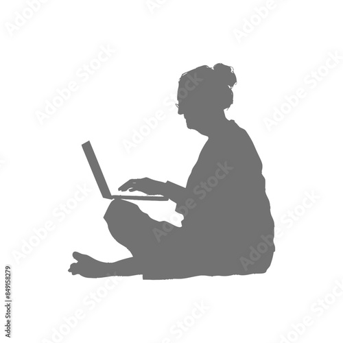 Silhouette: Woman Cross-Legged with Laptop, White Background