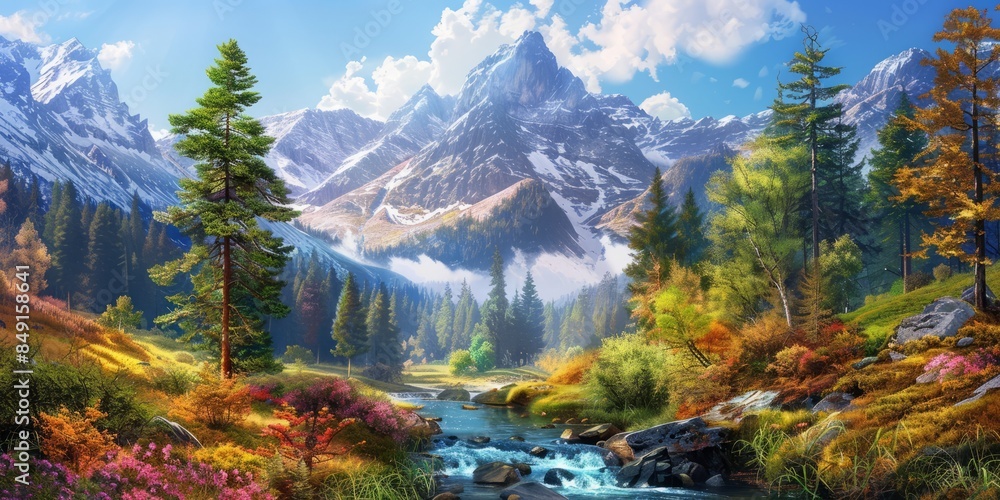 Beautiful mountain landscape. 4 seasons. All seasons in one painting. Blooming forest. Mountain stream. Winter, spring, summer, autumn.