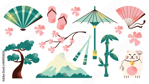 Japanese art and culture set. Set of Japanese travel icons. Symbols of the island. Various sights and famous elements. Pagoda architecture, maneki neko toy. National traditional Japan illustration