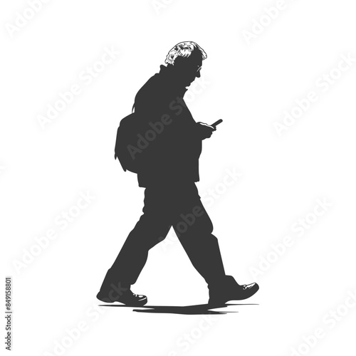 silhouette elderly man walking while playing on smartphone  black color only