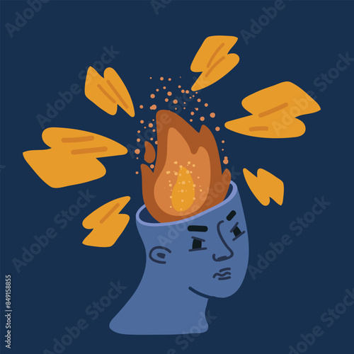 Cartoon vector illustration of Emotional stress, anger and impulsive emotions, holding a burning match in hand to light the bomb in the brain over dark background