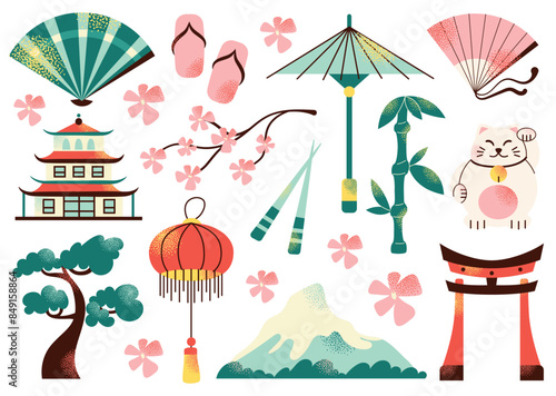 Japanese art and culture set. Set of Japanese travel icons. Symbols of the island. Various sights and famous elements. Pagoda architecture, maneki neko toy. National traditional Japan illustration