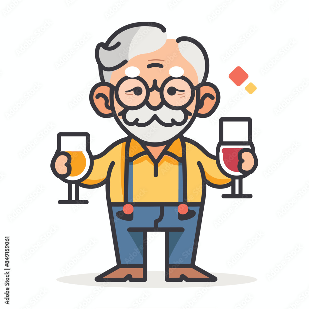 Senior man tasting wine expertly evaluates glasses white red wine. Elderly gentleman sommelier cartoon character, cheerful expression, holding beverages. Gentleman connoisseur enjoying drinks Senior man tasting wine expertly evaluates glasses white red wine. Elderly gentleman sommelier cartoon character, cheerful expression, holding beverages. Gentleman connoisseur enjoying drinks