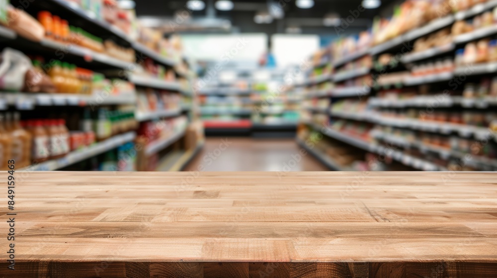 Photograph of empty wooden tables on shelves in supermarket, blurred background. Photograph of empty wooden tables on shelves in supermarket, blurred background.