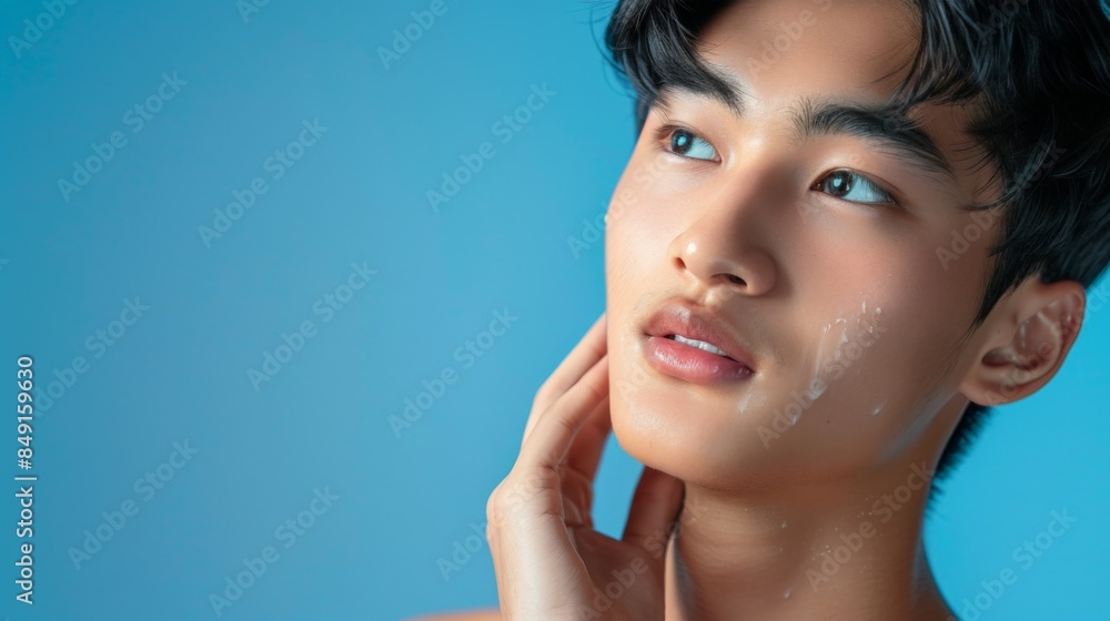 A young individual is contemplating while applying facial cream A young individual is contemplating while applying facial cream