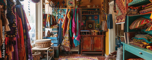 Bohemian shop background with colorful textiles, eclectic decor, and vibrant artwork. © Volodymyr