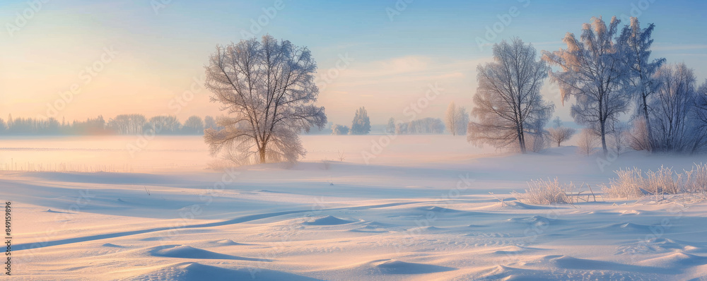 Calm winter background with snow-covered meadows, soft morning light, and gentle fog. Calm winter background with snow-covered meadows, soft morning light, and gentle fog.