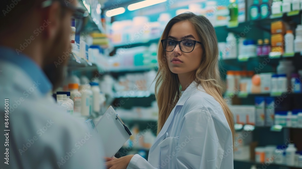 Female pharmacist at the drug store Healthcare pharmacists work at hospitals. Pharmacist looking at male customer Medical experts prescribe medicine according to prescription.