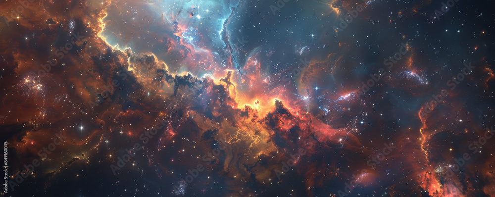 Cosmic space background with a mixture of red, blue, and yellow nebulae, glowing stars, and dark voids. Cosmic space background with a mixture of red, blue, and yellow nebulae, glowing stars, and dark voids.