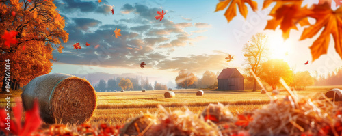 Cozy autumn background with a farmhouse, a field of hay bales, and vibrant fall colors.