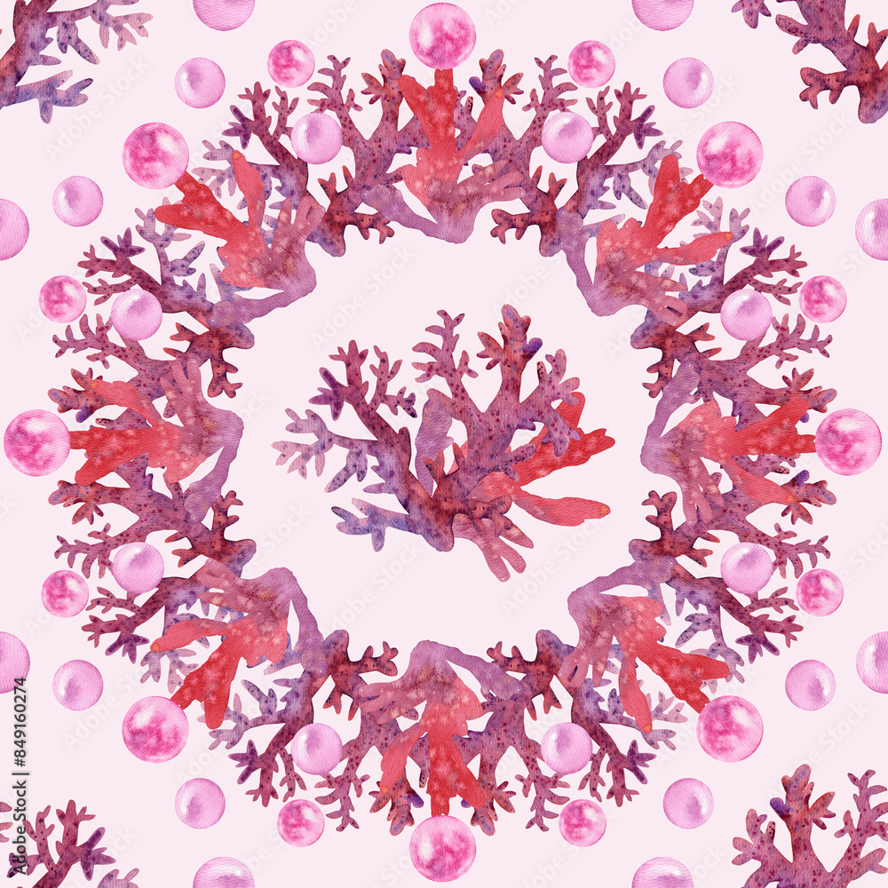 Fototapeta premium Marine seamless pattern red corals, shiny pink pearls frame wreath. Watercolor illustration Underwater background. Ocean nature. On pink. Summer vibes, Sea bottom. For fabric, wrapping , wallpaper