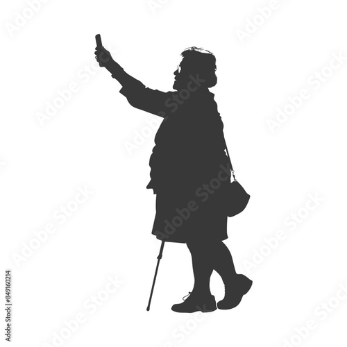 Silhouette of Elderly Woman Taking Selfie with Walking Stick on White.