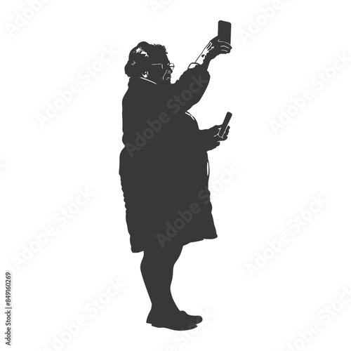 Silhouette of Senior Woman, Two Smartphones, Taking a Selfie.