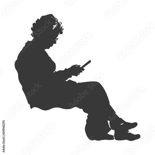 Seated Silhouette: Elderly Woman Absorbed in Mobile Phone, Solitary Figure.