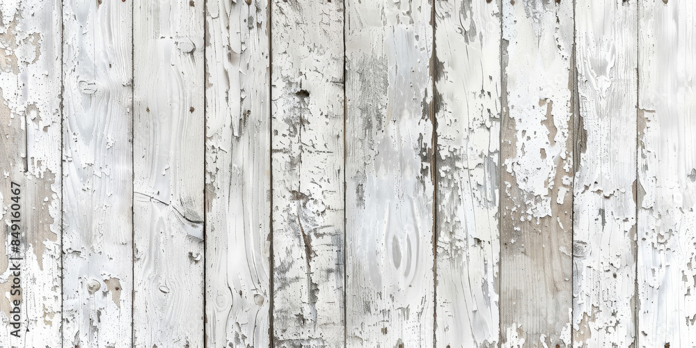 Obraz premium Distressed whitewashed wood background with peeling paint and aged texture: Ideal for vintage or shabby-chic designs, the peeling paint and aged texture of whitewashed wood offer a nostalgic feel