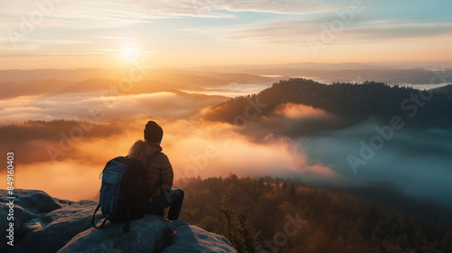 Solo hiker watching sunrise from mountain peak with panoramic view of the valley below covered in mist. © XaMaps