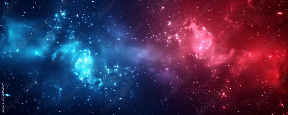 Fototapeta premium Electric space background with vibrant blue and red hues, bright stars, and black voids.