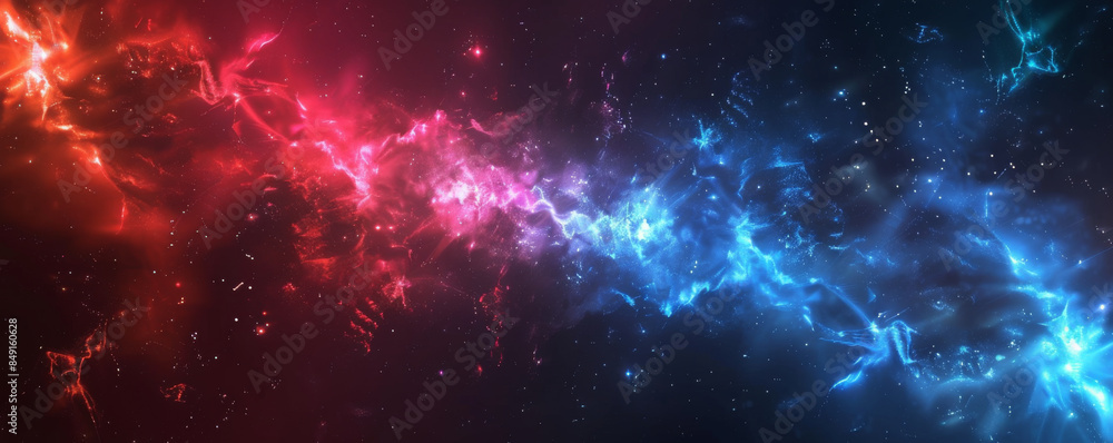 Electric space background with vibrant blue and red hues, bright stars, and black voids. Electric space background with vibrant blue and red hues, bright stars, and black voids.