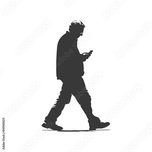 Silhouette of a man walking, focused on his phone, isolated.